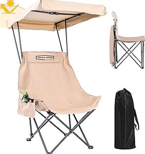 YOUNG WOOD Portable Camping Chair Beach Chair with Shade Canopy, Fold Lightweight Oversized Suit for All, Easy to Open,Close Without Installation, Side Pocket Design for All Outdoor Activities,Khaki product image