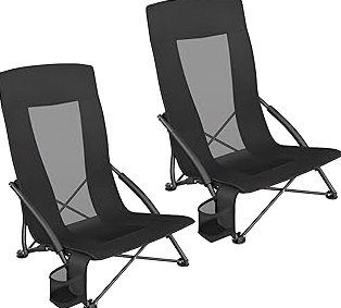 SONGMICS Set of 2 Portable Beach Chairs for Adults, Max. Load 330 lb Each, High Backrest, Cup Holder, Lightweight, Heavy-Duty, Black UGCB067B01V1 product image